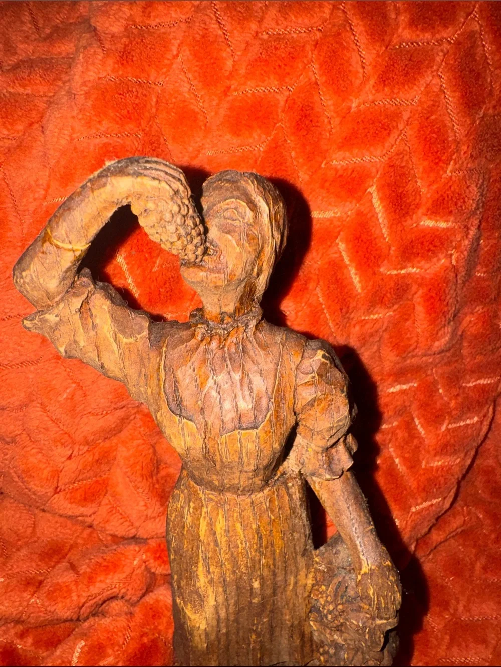 Vintage Hand-Carved Wooden Grape Harvest Lady Figurine / Wine Cellar Decor Art